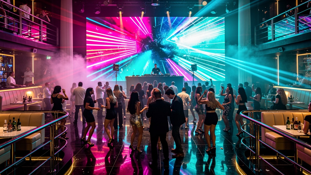 Las Vegas luxury nightclub interior with colorful DJ booth lighting and dancefloor